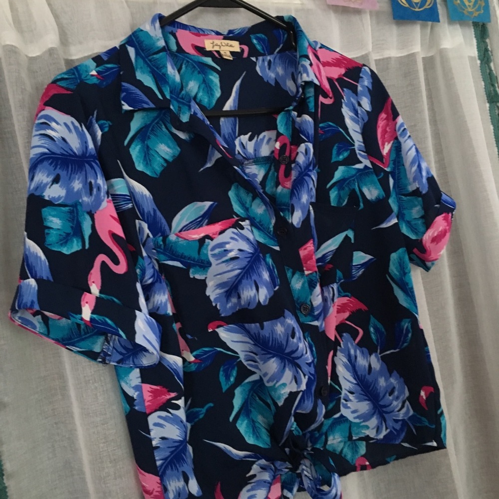Hawaiian themed sheer crop blouse S:M